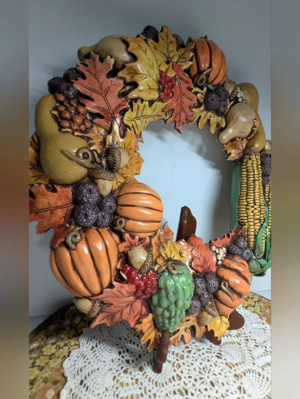 Vintage Ceramic Wreath Fall Decoration Autumn Colors Leaves Pumpkins Corn